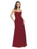 Burgundy A-Line Spaghetti Straps Square Sleeveless Long Bridesmaid Dress Mota