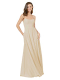 Champagne A-Line Spaghetti Straps Square Sleeveless Long Bridesmaid Dress Mota