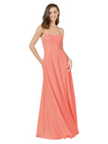 Coral A-Line Spaghetti Straps Square Sleeveless Long Bridesmaid Dress Mota