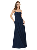 Dark Navy A-Line Spaghetti Straps Square Sleeveless Long Bridesmaid Dress Mota