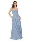 Dusty Blue A-Line Spaghetti Straps Square Sleeveless Long Bridesmaid Dress Mota