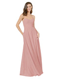 Dusty Pink A-Line Spaghetti Straps Square Sleeveless Long Bridesmaid Dress Mota