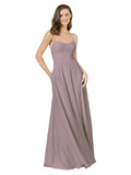 Dusty Rose A-Line Spaghetti Straps Square Sleeveless Long Bridesmaid Dress Mota