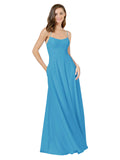 Peacock Blue A-Line Spaghetti Straps Square Sleeveless Long Bridesmaid Dress Mota