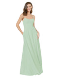 Sage A-Line Spaghetti Straps Square Sleeveless Long Bridesmaid Dress Mota