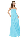 Sky Blue A-Line Spaghetti Straps Square Sleeveless Long Bridesmaid Dress Mota