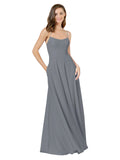 Slate Grey A-Line Spaghetti Straps Square Sleeveless Long Bridesmaid Dress Mota