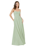 Smoke Green A-Line Spaghetti Straps Square Sleeveless Long Bridesmaid Dress Mota