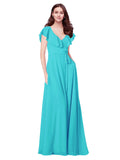 RightBrides Chante Aqua A-Line V-Neck Cap Sleeves Long Bridesmaid Dress