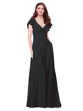 RightBrides Chante Black A-Line V-Neck Cap Sleeves Long Bridesmaid Dress