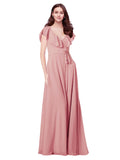 RightBrides Chante Bliss A-Line V-Neck Cap Sleeves Long Bridesmaid Dress