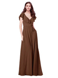 RightBrides Chante Brown A-Line V-Neck Cap Sleeves Long Bridesmaid Dress