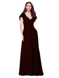 RightBrides Chante Burgundy Gold A-Line V-Neck Cap Sleeves Long Bridesmaid Dress