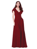 RightBrides Chante Burgundy A-Line V-Neck Cap Sleeves Long Bridesmaid Dress