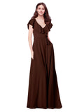 RightBrides Chante Chocolate A-Line V-Neck Cap Sleeves Long Bridesmaid Dress