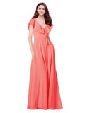 RightBrides Chante Coral A-Line V-Neck Cap Sleeves Long Bridesmaid Dress