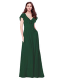 RightBrides Chante Dark Green A-Line V-Neck Cap Sleeves Long Bridesmaid Dress