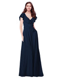 RightBrides Chante Dark Navy A-Line V-Neck Cap Sleeves Long Bridesmaid Dress