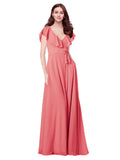 RightBrides Chante Desert Rose A-Line V-Neck Cap Sleeves Long Bridesmaid Dress