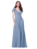 RightBrides Chante Dusty Blue A-Line V-Neck Cap Sleeves Long Bridesmaid Dress