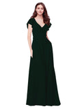 RightBrides Chante Ever Green A-Line V-Neck Cap Sleeves Long Bridesmaid Dress