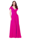 RightBrides Chante Fuchsia A-Line V-Neck Cap Sleeves Long Bridesmaid Dress