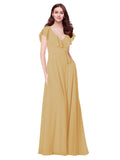 RightBrides Chante Gold A-Line V-Neck Cap Sleeves Long Bridesmaid Dress