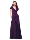 RightBrides Chante Grape A-Line V-Neck Cap Sleeves Long Bridesmaid Dress