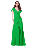 RightBrides Chante Green A-Line V-Neck Cap Sleeves Long Bridesmaid Dress