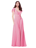 RightBrides Chante Hot Pink A-Line V-Neck Cap Sleeves Long Bridesmaid Dress