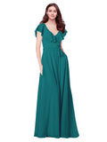 RightBrides Chante Hunter A-Line V-Neck Cap Sleeves Long Bridesmaid Dress