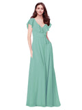 RightBrides Chante Jade A-Line V-Neck Cap Sleeves Long Bridesmaid Dress