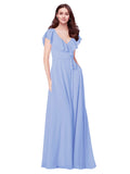 RightBrides Chante Lavender A-Line V-Neck Cap Sleeves Long Bridesmaid Dress