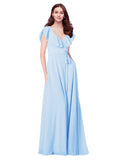 RightBrides Chante Light Sky Blue A-Line V-Neck Cap Sleeves Long Bridesmaid Dress