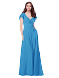 RightBrides Chante Peacock Blue A-Line V-Neck Cap Sleeves Long Bridesmaid Dress