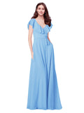 RightBrides Chante Periwinkle A-Line V-Neck Cap Sleeves Long Bridesmaid Dress