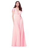 RightBrides Chante Pink A-Line V-Neck Cap Sleeves Long Bridesmaid Dress