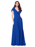 RightBrides Chante Royal Blue A-Line V-Neck Cap Sleeves Long Bridesmaid Dress