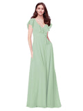 RightBrides Chante Sage A-Line V-Neck Cap Sleeves Long Bridesmaid Dress