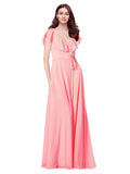 RightBrides Chante Salmon A-Line V-Neck Cap Sleeves Long Bridesmaid Dress