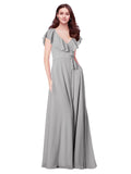 RightBrides Chante Silver A-Line V-Neck Cap Sleeves Long Bridesmaid Dress