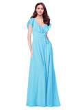 RightBrides Chante Sky Blue A-Line V-Neck Cap Sleeves Long Bridesmaid Dress