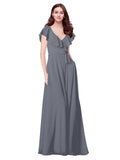 RightBrides Chante Slate Grey A-Line V-Neck Cap Sleeves Long Bridesmaid Dress