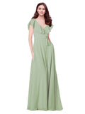 RightBrides Chante Smoke Green A-Line V-Neck Cap Sleeves Long Bridesmaid Dress