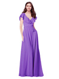 RightBrides Chante Tahiti A-Line V-Neck Cap Sleeves Long Bridesmaid Dress