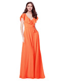 RightBrides Chante Tangerine Tango A-Line V-Neck Cap Sleeves Long Bridesmaid Dress