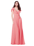 RightBrides Chante Watermelon A-Line V-Neck Cap Sleeves Long Bridesmaid Dress