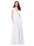 RightBrides Chante White A-Line V-Neck Cap Sleeves Long Bridesmaid Dress