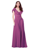 RightBrides Chante Wild Berry A-Line V-Neck Cap Sleeves Long Bridesmaid Dress