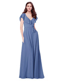 RightBrides Chante Windsor Blue A-Line V-Neck Cap Sleeves Long Bridesmaid Dress